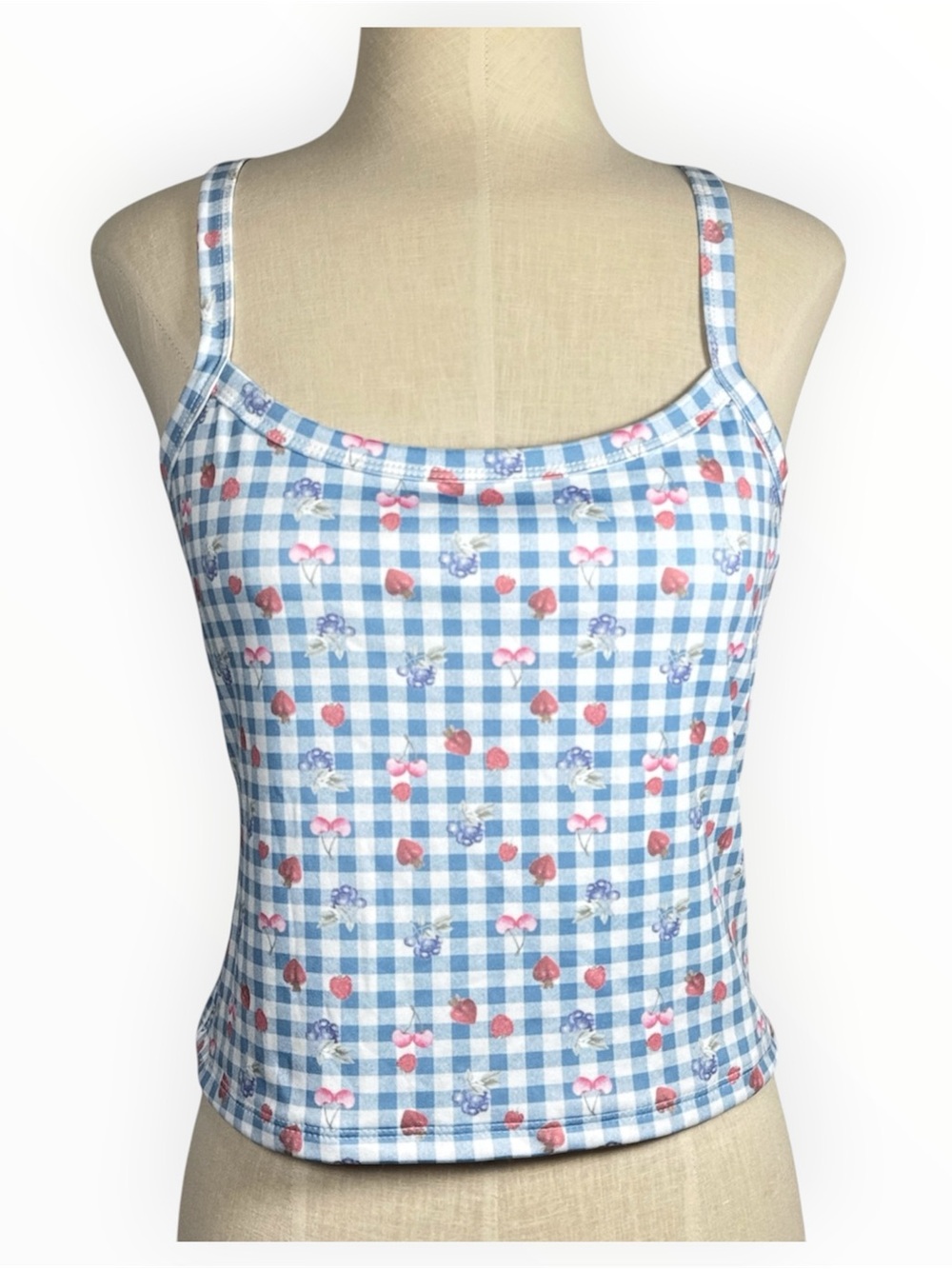 Vine & Valley Gingham Cherry Tank Top Size L Blue White Cottagecore Camisole